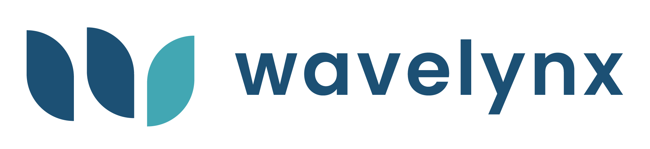 The image depicts the Wavelynx logo, featuring three stylized leaf shapes in a gradient of dark blue to teal on the left, with "wavelynx" in lowercase blue letters on the right. This symbolizes their innovative strides in cloud-based access control software.