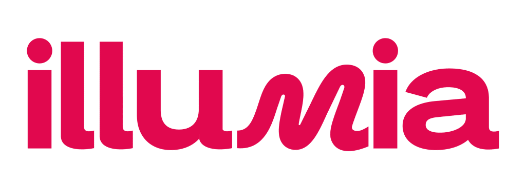The image shows the word illumia written in bold, rounded, pink lowercase letters on a light gray background, evoking a sense of seamless transact integration.