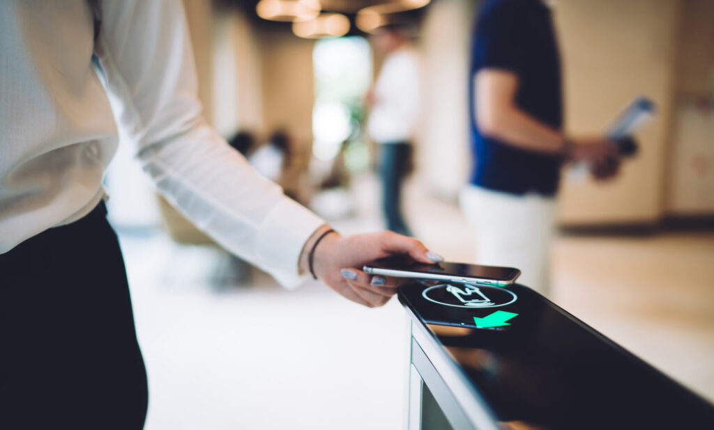 woman scanning phone