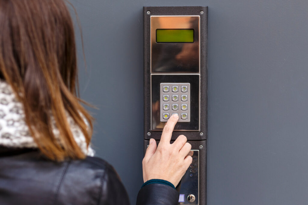 commercial intercom system. talking into intercom