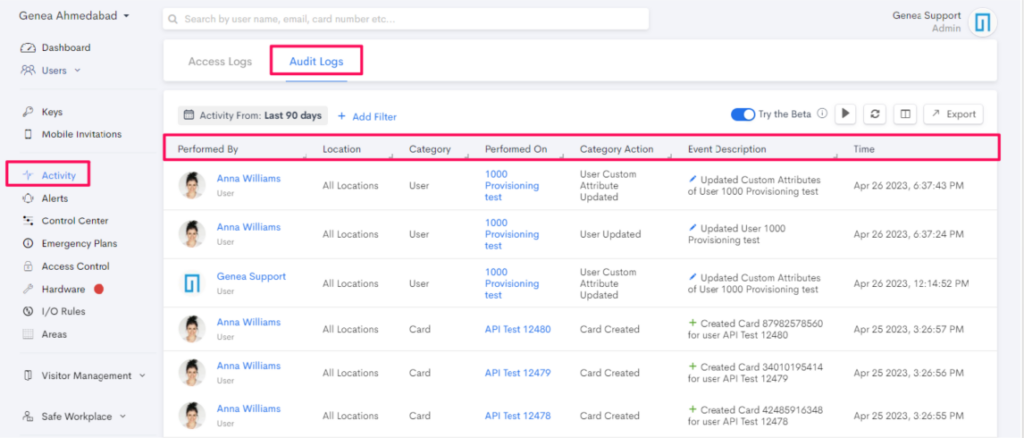 audit logs dashboard screenshot