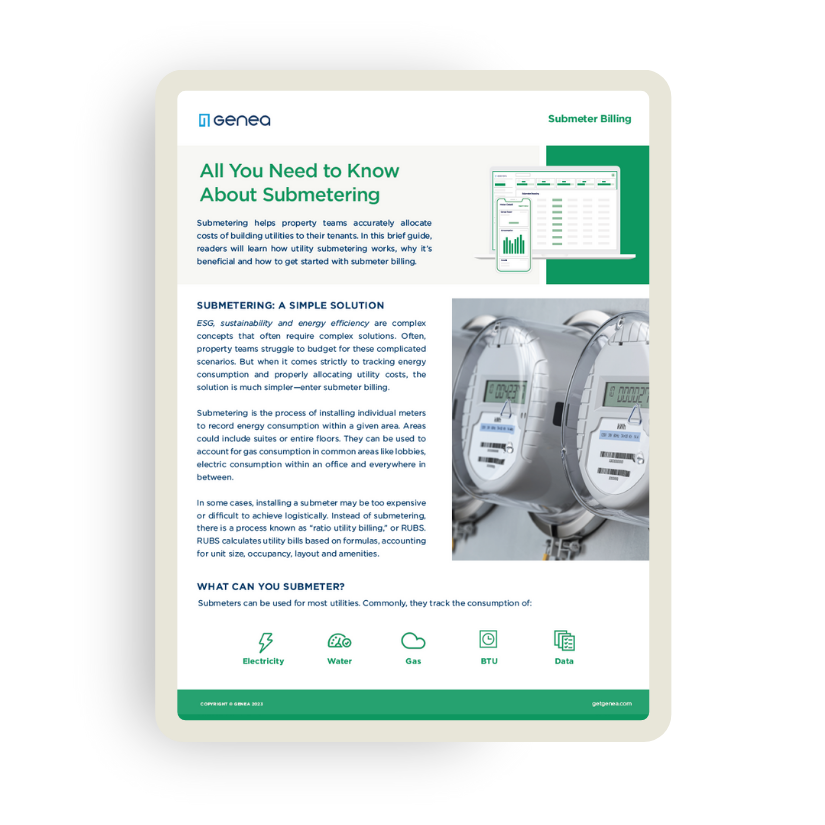 An informative flyer titled All You Need to Know About Submetering, crafted for property managers, features images of submeters and a chart. It outlines the benefits and efficiency of submetering in buildings and details what can be submetered.