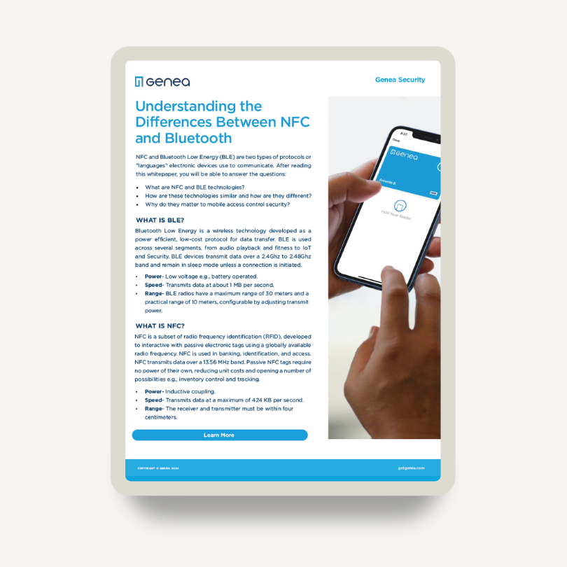 A person holding a smartphone displays a Genea app screen, resembling the sleek interface of Google Wallet. Text describes NFC and Bluetooth LE differences, highlighting speed, range, and power consumption. The background features a crisp white and light blue layout.