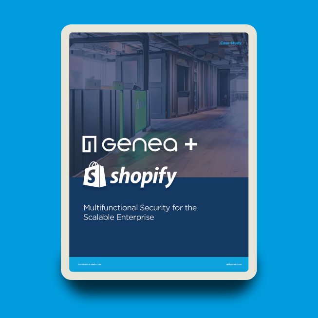 A tablet screen showcases a Genea and Shopify case study titled Multifunctional Security for the Scalable Enterprise, with a blue border and a blurred office background. Learn how integrating Google Wallet can elevate functionality.