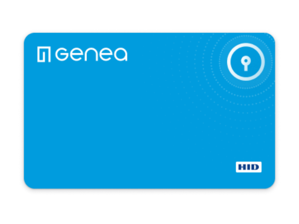 A blue identification card with the logo GENEA in the top left corner. A circular keyhole symbol is in the top right, and HID is in the bottom right corner. The card, designed for seamless use with Google Wallet, features a dotted pattern radiating from the keyhole symbol.
