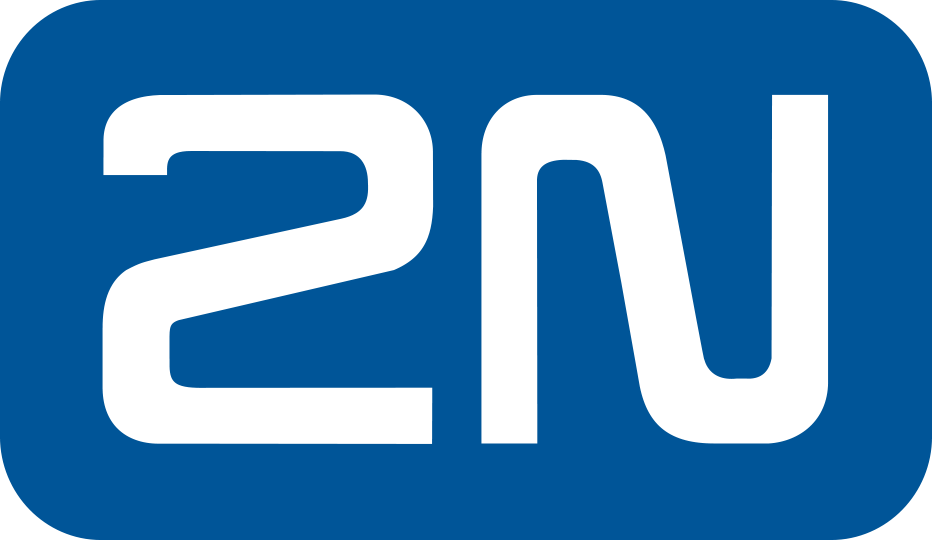 A blue rectangle with rounded corners contains the text 2N in bold, black, stylized font. The N has a distinctive curved, wave-like shape, making it ideal for cisco meraki video management interfaces.