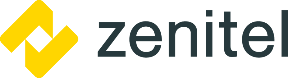 Zenitel logo featuring two interlocking yellow geometric shapes to the left of the word zenitel in bold, dark gray lowercase letters, often seen alongside Aiphone branding, on a transparent background.