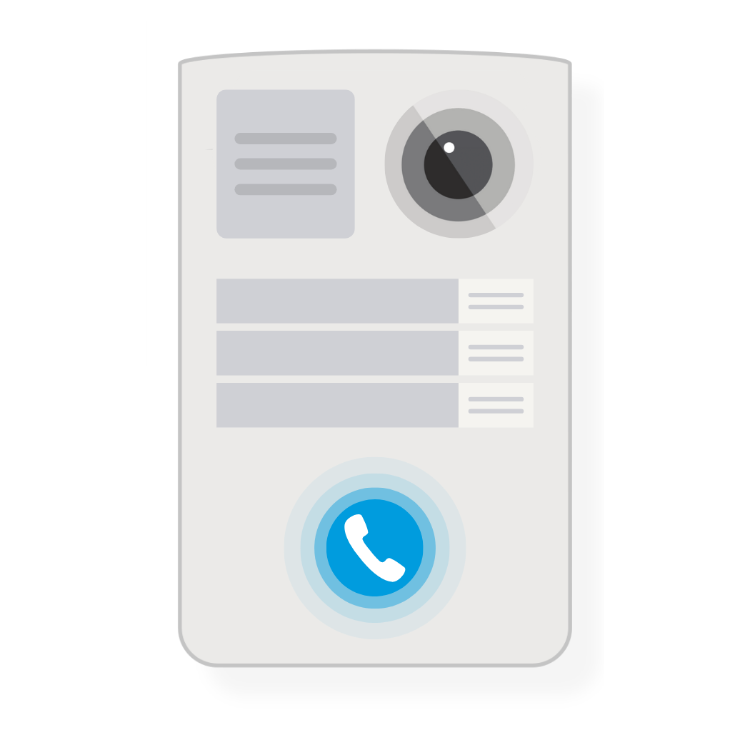 Illustration of a modern building access control system, featuring a camera lens at the top, three rectangular buttons in the center, and a large blue phone icon button at the bottom.