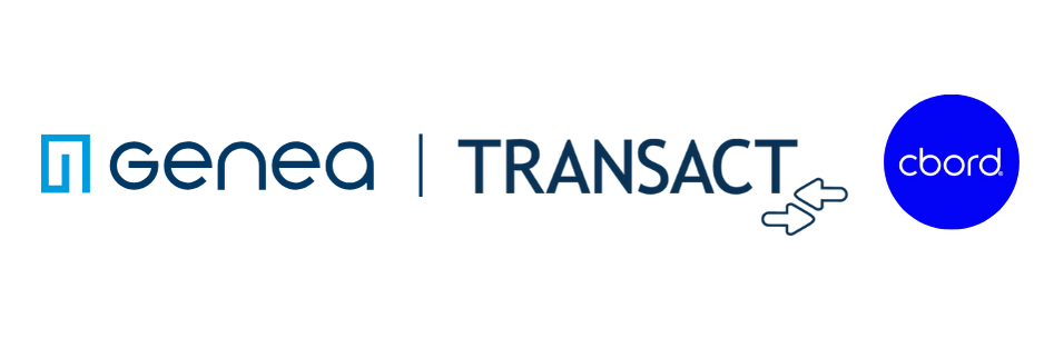 Logos of three companies in a row: Genea, Transact, and CBORD, separated by vertical lines. The Transact logo features a key graphic, highlighting security solutions like Shooter Detection.