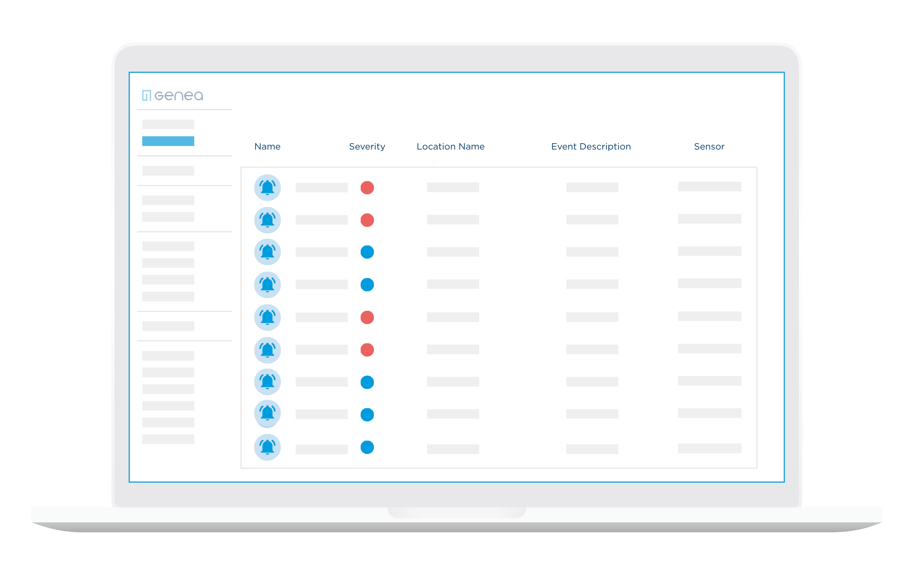 A laptop screen displays a table from a building access control system with columns like Name, Severity, Location Name, Event Description, and Sensor. Severity is shown with blue and red dots by user icons. The interface is clean and minimalistic.