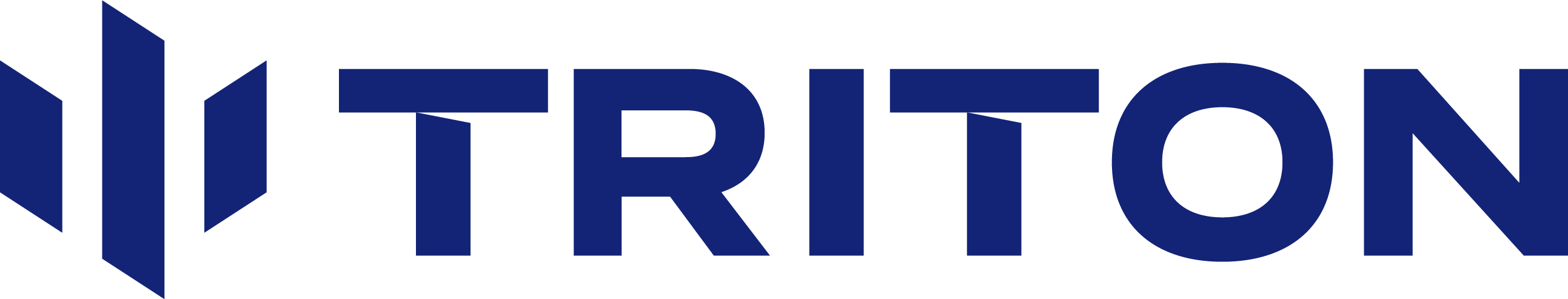 Dark blue stylized text logo spelling TRITON in bold uppercase letters, with a geometric trident-like shape to the left of the text. The background is transparent.