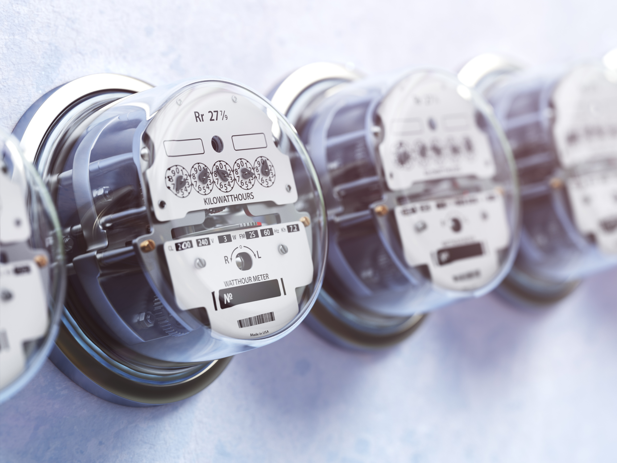 A row of analog electrical utility meters mounted on a wall, each with a clear glass cover showing dials and numbers for measuring electricity usage in kilowatt-hours—ideal for submeter billing. The background is softly blurred.