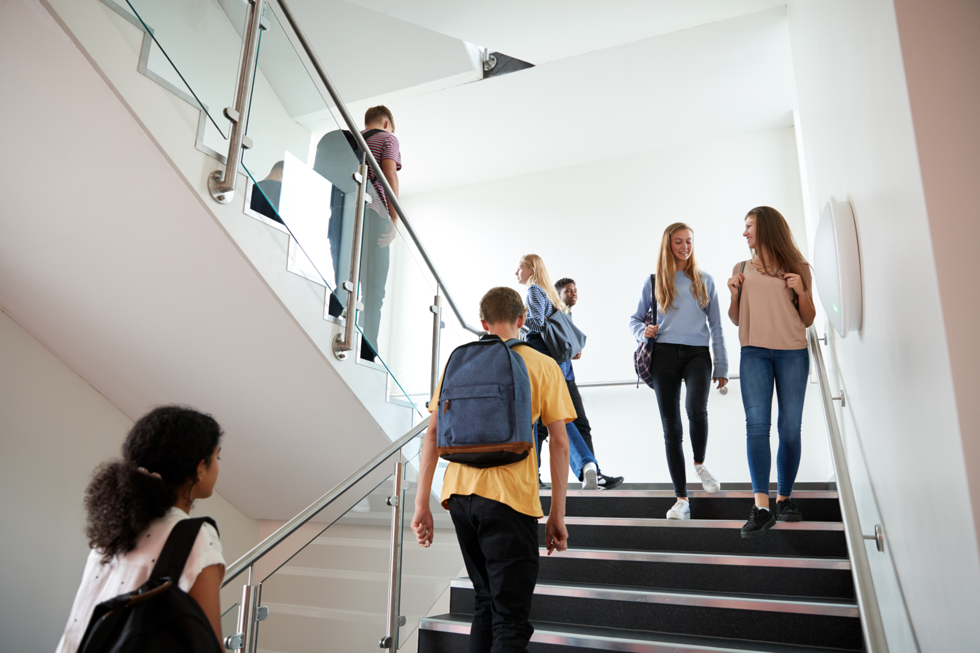 A group of Triton students walk up and down a modern school staircase, some talking with friends and carrying backpacks, in a bright hallway.