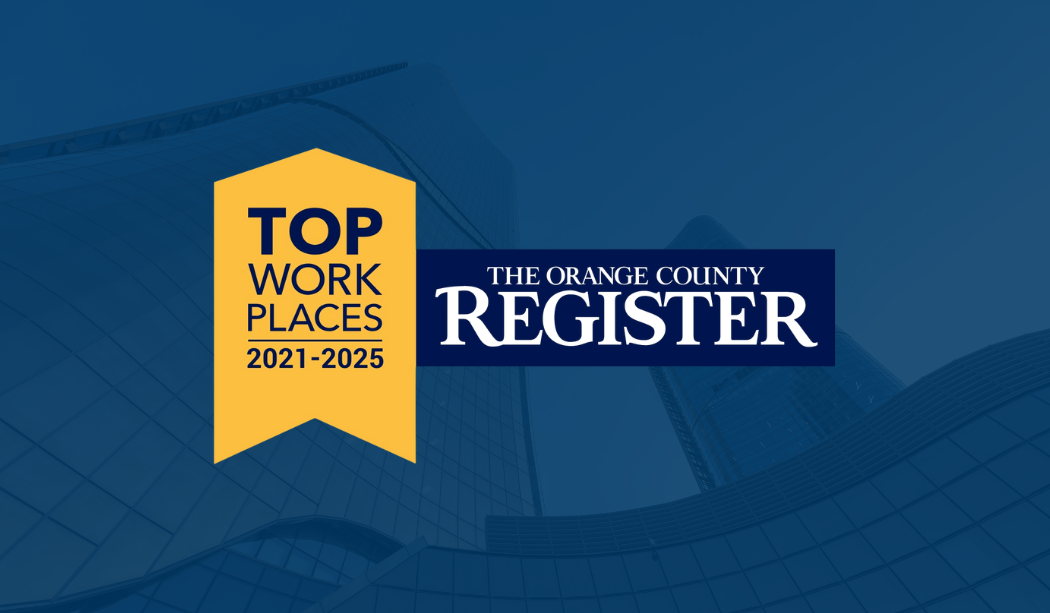 A yellow Top Workplace badge reads Top Work Places 2021-2025 beside The Orange County Register logo, set against a blue-tinted background of modern building architecture.