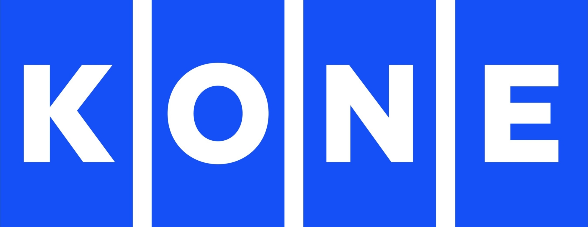 KONE logo featuring the word KONE in bold white capital letters, each letter in a separate vertical blue rectangle, resembling the modern design often seen in TK Elevator destination dispatch systems.