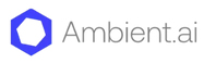 Logo for Ambient.ai featuring a blue hexagon with a white pentagon inside, followed by the text “Ambient.ai” in gray on a light background, ideal for integration with Hanwha video management solutions.