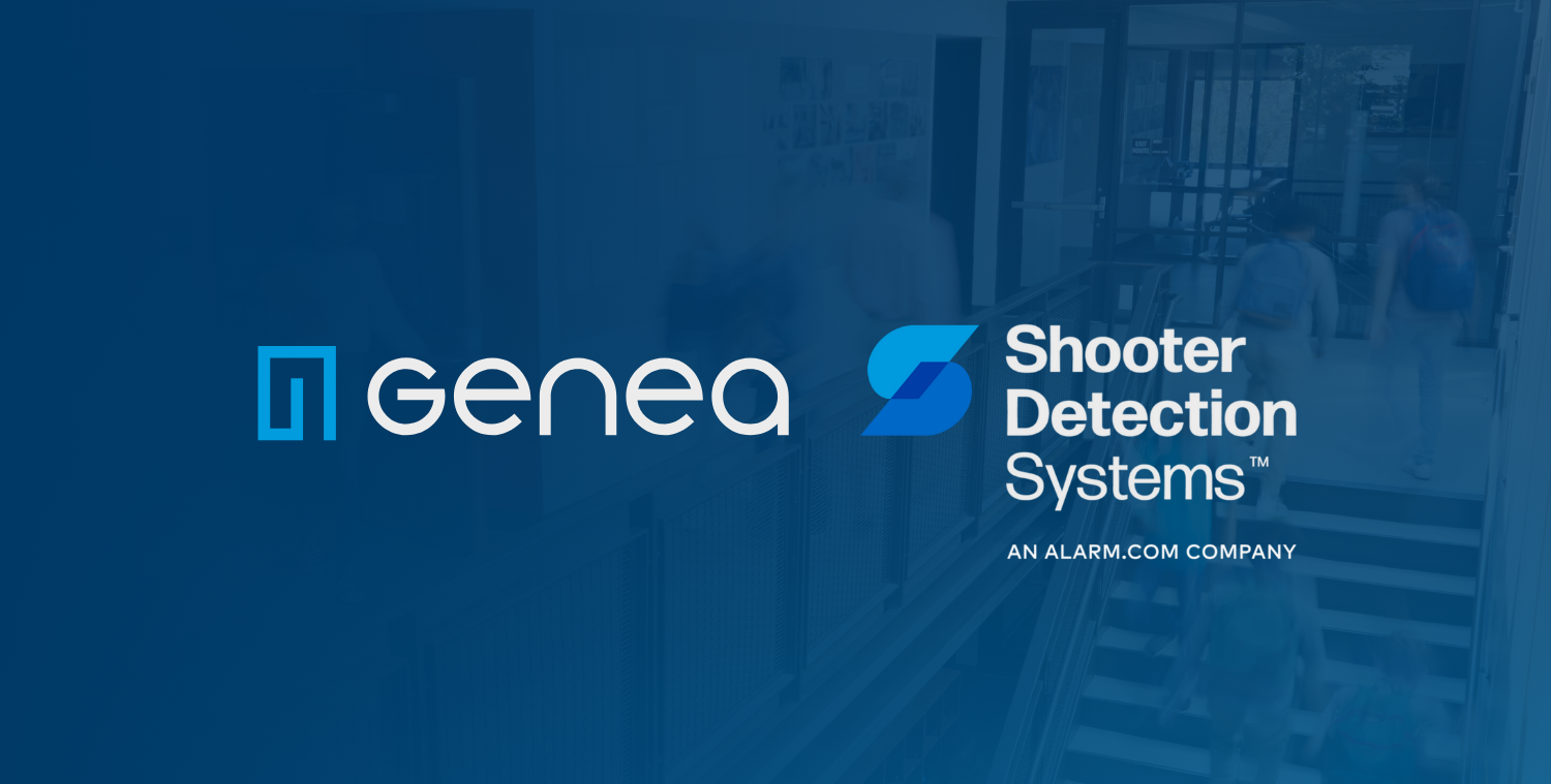 Logos of Genea and Shooter Detection Systems, an Alarm.com company, displayed side by side on a blue background with a faint image of people walking in a building behind them for the Q4 2025 Security Product Innovation Showcase.