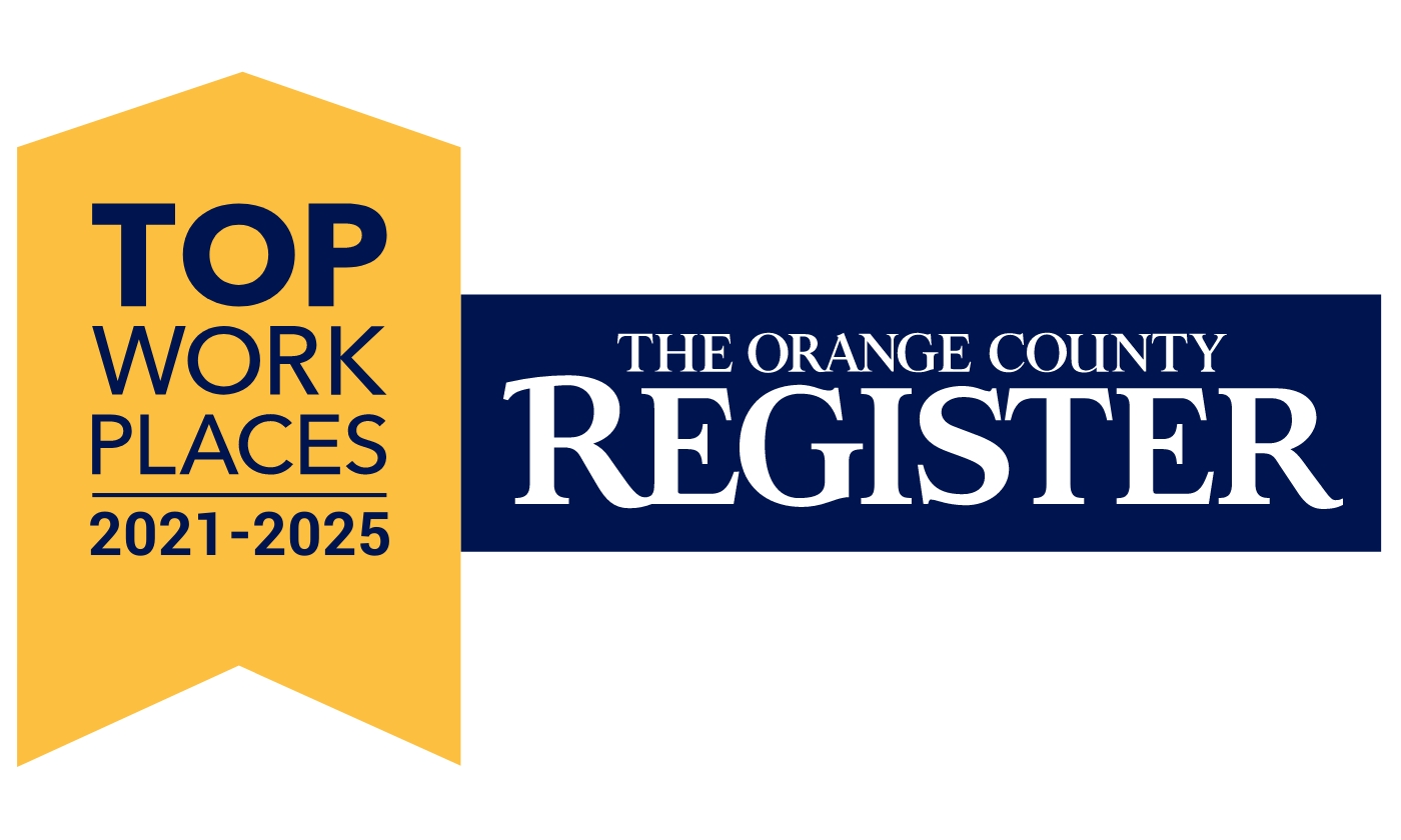 Regional Awards - Multi Year A yellow ribbon reads Top Workplaces 2021-2025 next to a blue rectangle with The Orange County Register in white text, highlighting the recognition earned by Genea careers.