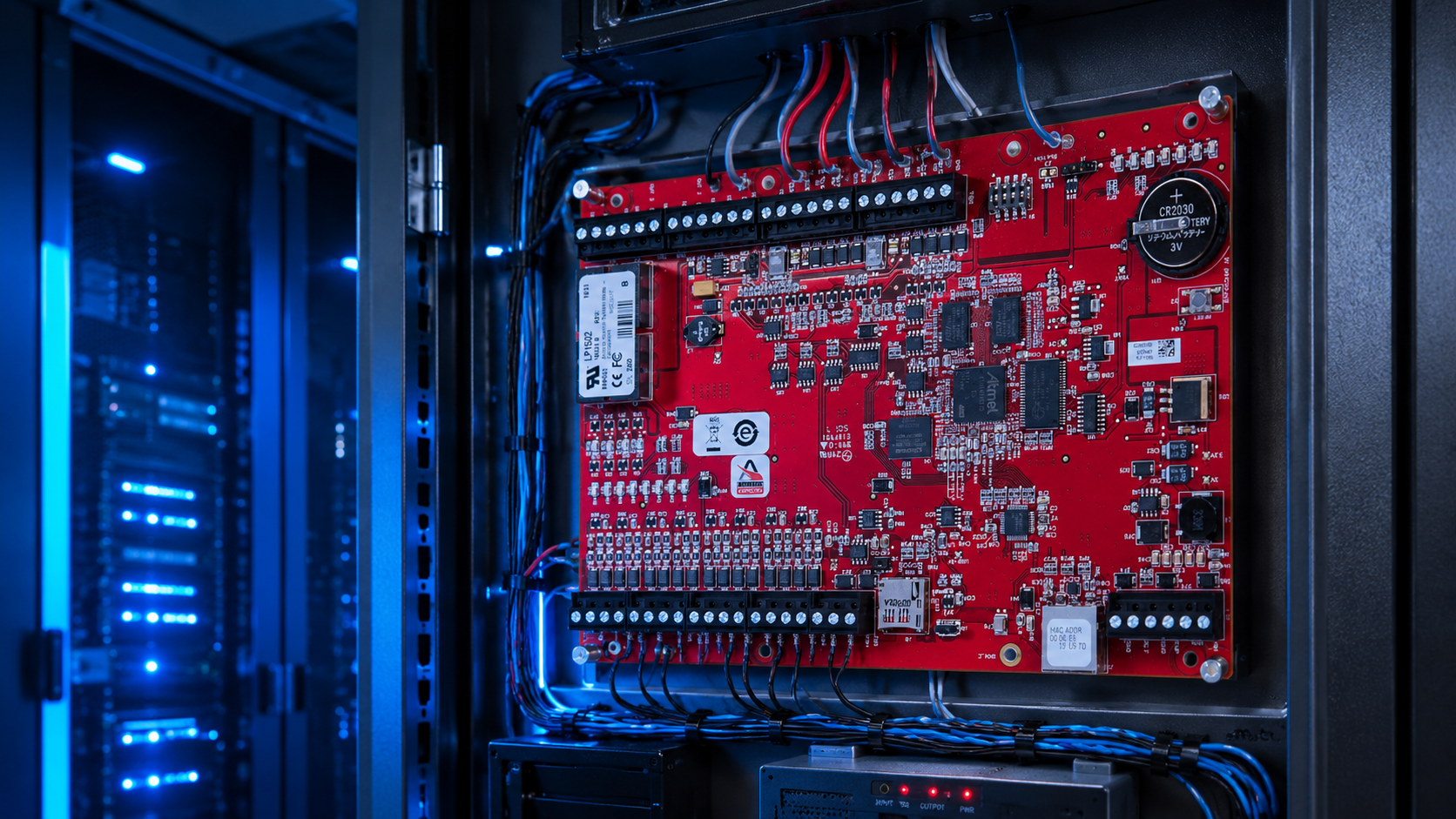 A close-up of a red circuit board mounted inside a server rack, surrounded by blue LED lights and electronic equipment in a Genea A&E Program data center setting.