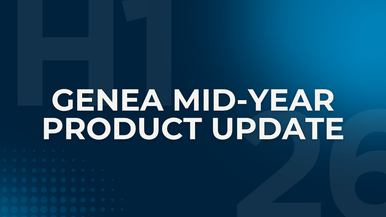 Text on a dark blue background reads, “GENEA MID-YEAR PRODUCT UPDATE,” blending seamlessly with large faded letters and dots in the background to highlight the importance of our Mid-Year Product Update.