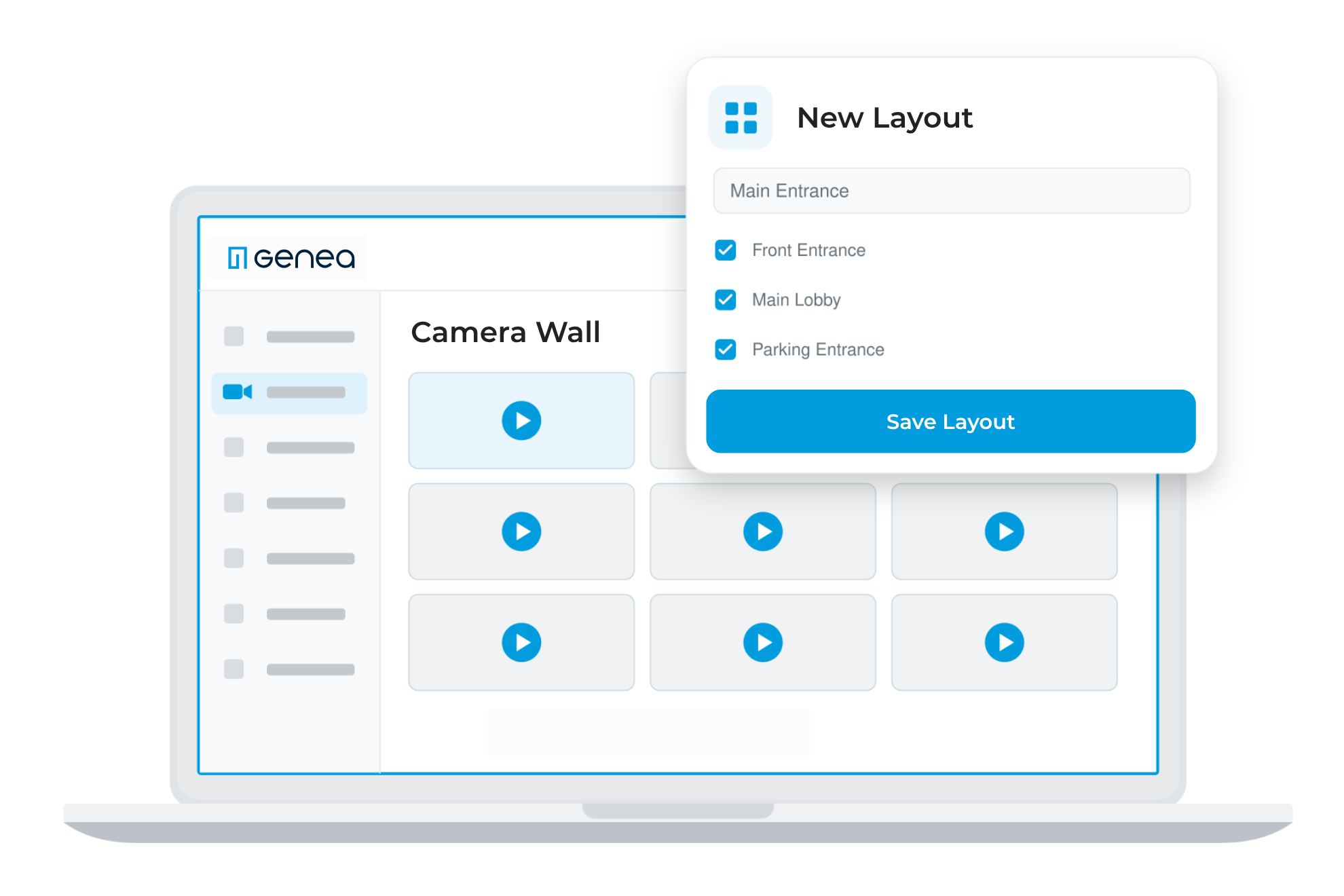 A Genea video dashboard showing a grid of camera feeds and a popup window for creating a new layout with checkboxes for specific camera locations.